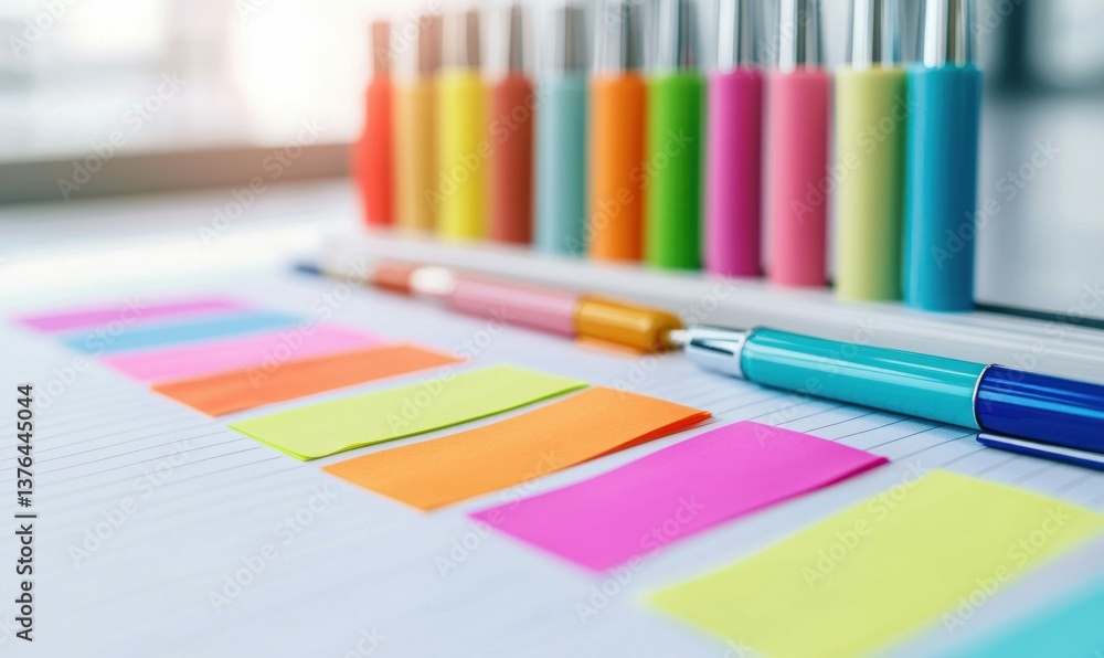 Poster bright highlighters and sticky notes arranged on paper create a vivid, organized workspace.