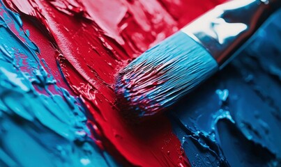 Fototapeta premium A captivating close-up of a paintbrush blending vibrant red and blue oil paints together.