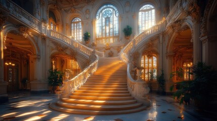 Fototapeta premium Grand staircase in opulent palace interior, sunlit.