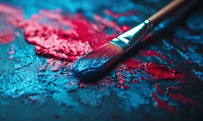Fototapeta premium A close-up shot captures a paintbrush resting on a canvas with vibrant blue and red paint.