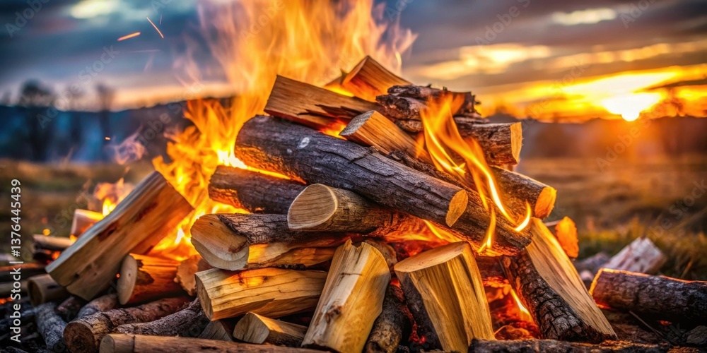 Poster warm embers glow brightly against a vivid sunset sky, creating a captivating scene of rustic charm a