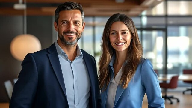 This image features a smiling man and woman in a stylish office space, promoting collaboration and professionalism. Perfect for business and teamwork themes. AI