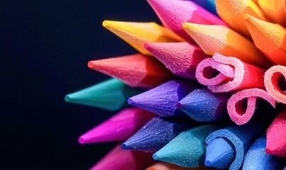 Fototapeta premium A cluster of brightly colored pencils and shavings creates a vibrant, artistic composition.
