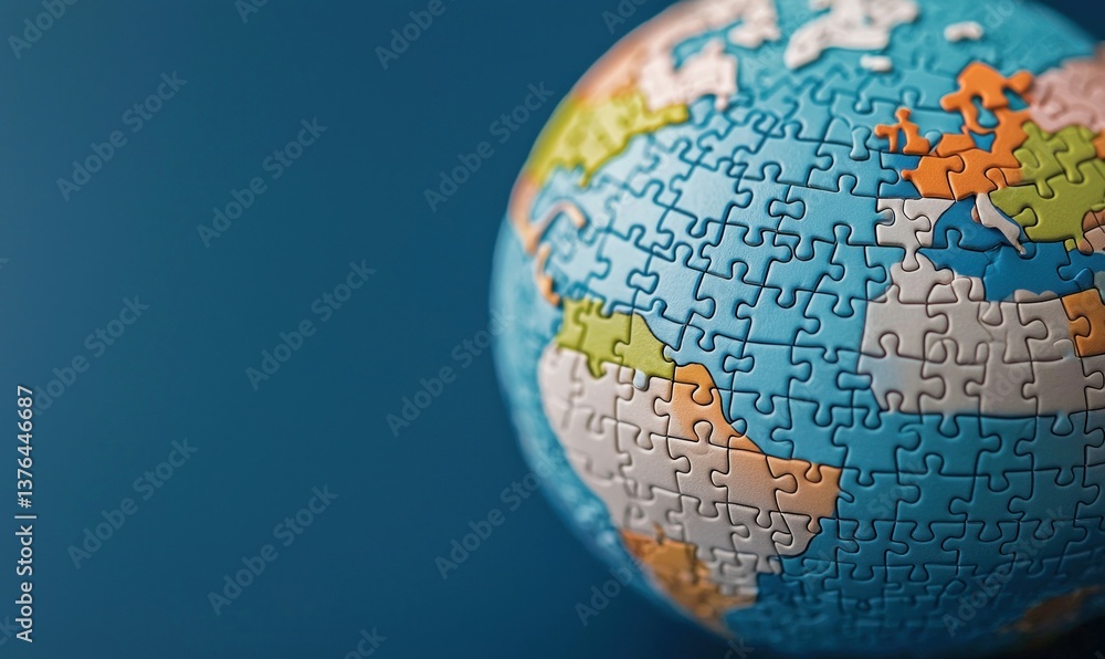 Poster a globe jigsaw puzzle shows global connection and problem-solving with its vibrant colors and intric