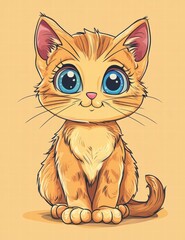 Fototapeta premium Cute Cartoon Cat: A charming, cartoon-style image of a fluffy orange cat with big, expressive blue eyes and a sweet, innocent demeanor, exuding warmth and charm.