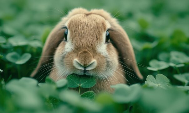A fluffy brown rabbit holds a clover in its mouth, surrounded by lush green foliage.