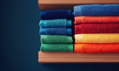 A rainbow of folded towels stacked on a wooden shelf brings a clean and colorful aesthetic.