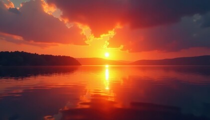 Obraz premium Fiery sunrise blazes across still water, casting a warm, golden light , coast, sunrise view