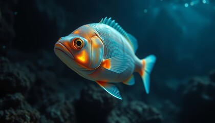 Fototapeta premium A luminous aquatic creature, gracefully swimming amidst a dark, mysterious underwater landscape, its scales shimmering with an ethereal glow.