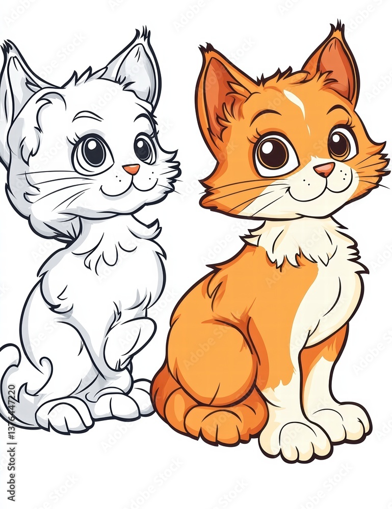 Poster animated cat character study: charming cat, a playful fusion of monochrome and vibrant color, inviti