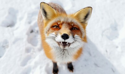 Obraz premium A charming red fox gazes upwards with a delightful smile in a snow-covered landscape.