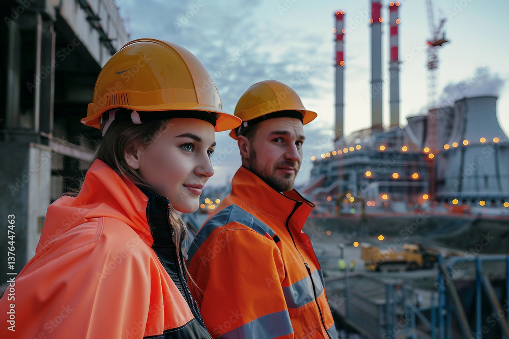 Poster engineer overseeing a nuclear reactor turbine in industrial setting generative ai image