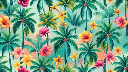 Fototapeta premium Lush Tropical Paradise Vibrant Hibiscus and Palm Trees in a Seamless Summer Pattern