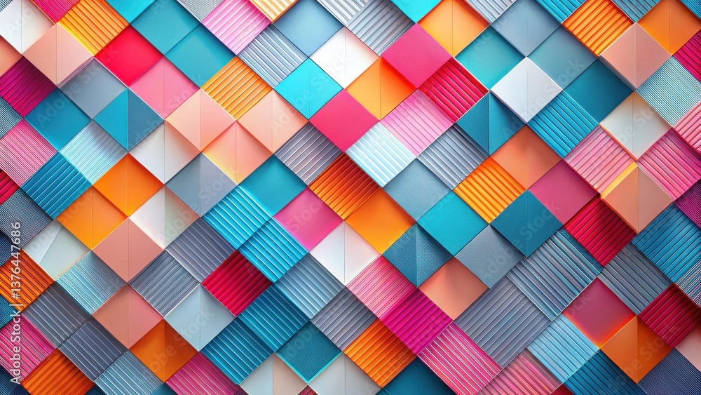 Poster Vibrant Geometric Pattern of Interlocking Colorful Squares and Triangles Forming an Abstract Design