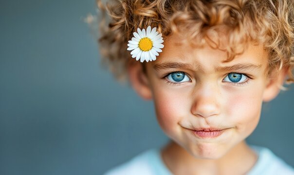 A cute young boy with blue eyes smiles sweetly while wearing a daisy in his curly hair.