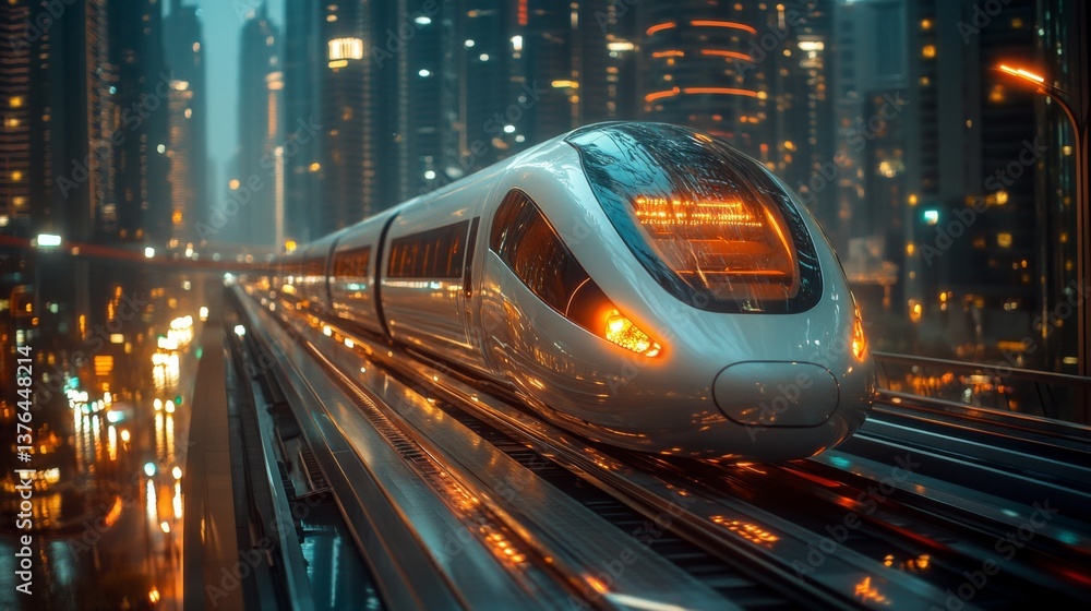 Poster an advanced smarttrain travels along elevated tracks in a vibrant city illuminated by neon lights, s
