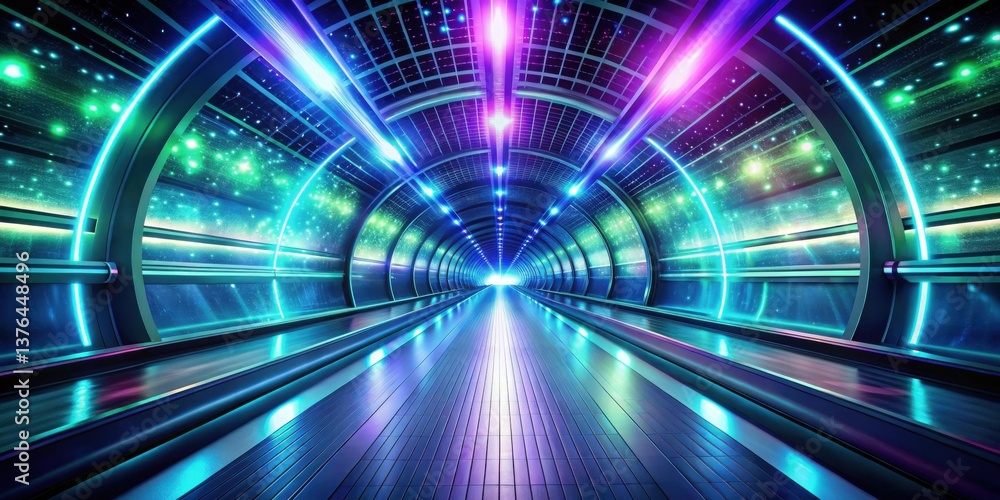 Poster futuristic illuminated corridor with moving walkway leading to a bright light at the end of a tunnel