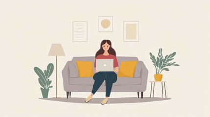 Young woman with notebook video chatting on grey sofa in light living room