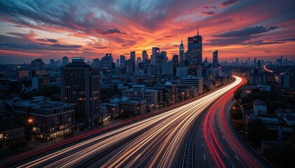 Fototapeta premium Vibrant Sunset Over City Skyline with Light Trails on Highway