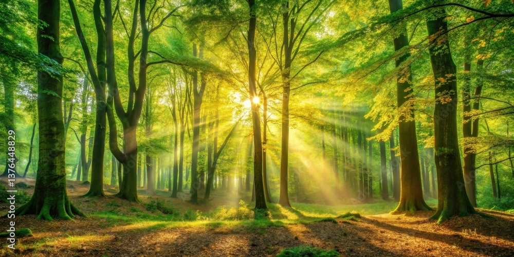 Poster sunlit canopy in a verdant forest, rays illuminating the lush undergrowth and tree trunks
