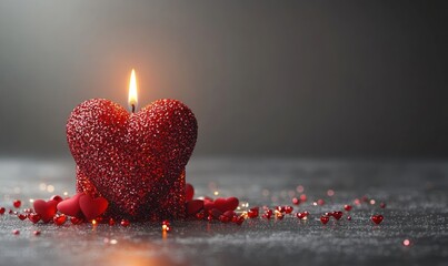 A lit red heart-shaped candle sits on a dark surface, surrounded by small red hearts and glitter. Romantic ambiance
