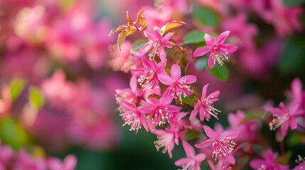Fototapeta premium Pink Loropetalum chinense flowers with bronze-red young leaves turning green or burgundy as they mature. 