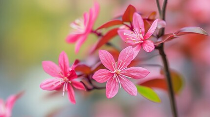 Obraz premium Pink Loropetalum chinense flowers with bronze-red young leaves turning green or burgundy as they mature. 