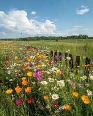 Obraz premium Vibrant Wildflower Meadow Blooming Under Blue Sky with Clouds, Rustic Fence, Summer Bliss