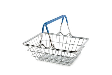 Online shopping concept.Cardboard box and shopping bags in a trolley isolated on white background. Shopping basket. Online shopping using a laptop, tablet, phone and credit card. Home delivery.