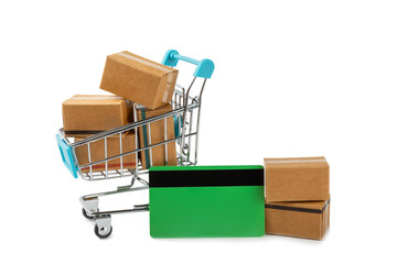 Online shopping concept.Cardboard box and shopping bags in a trolley isolated on white background....