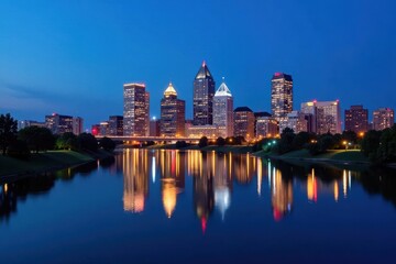 Obraz premium Evansville skyline, blue hour, river reflection, illuminated buildings, Indiana, architecture photography