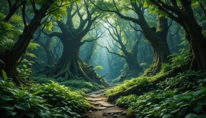 Enchanted Forest Pathway Surrounded by Lush Greenery and Trees