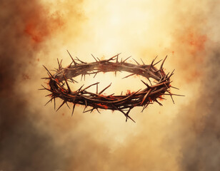 Fototapeta premium Watercolor crown of thorns with blood stains, representing sacrifice, suffering, and the passion of Christ.