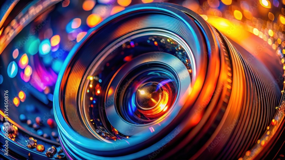 Poster Close-up View of a Shiny Camera Lens with Vibrant Colorful Lights Reflecting on its Surface