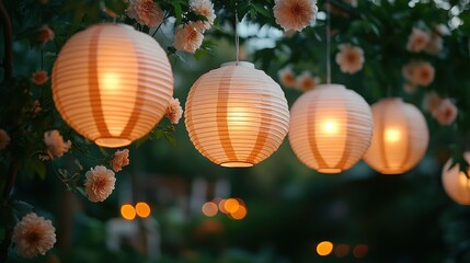 Illuminated paper lanterns hanging amidst blooming flowers at dusk.