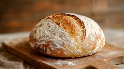 Freshly baked loaf of rustic sourdough bread dusted with flour displayed on a wooden cutting board
