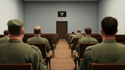 Obraz premium Military justice system review courtroom at military base legal proceedings indoor perspective