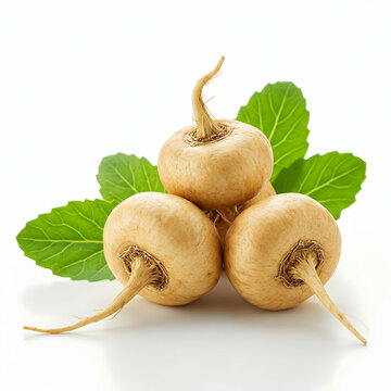 Maca Root Pile with Leaves on White Background for Health