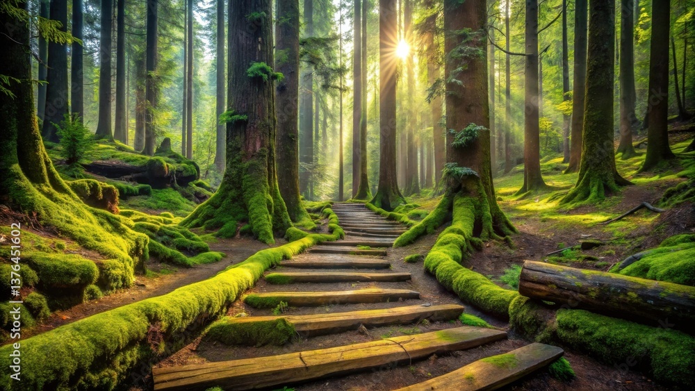 Poster sunlit forest path with mossy tree roots and wooden steps leading through lush greenery