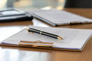 Close up of clipboard with pen and medical charts on table, conveying professionalism and organization