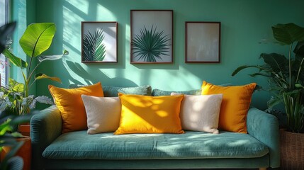 Sunlit teal sofa with yellow pillows, tropical prints, and plants.