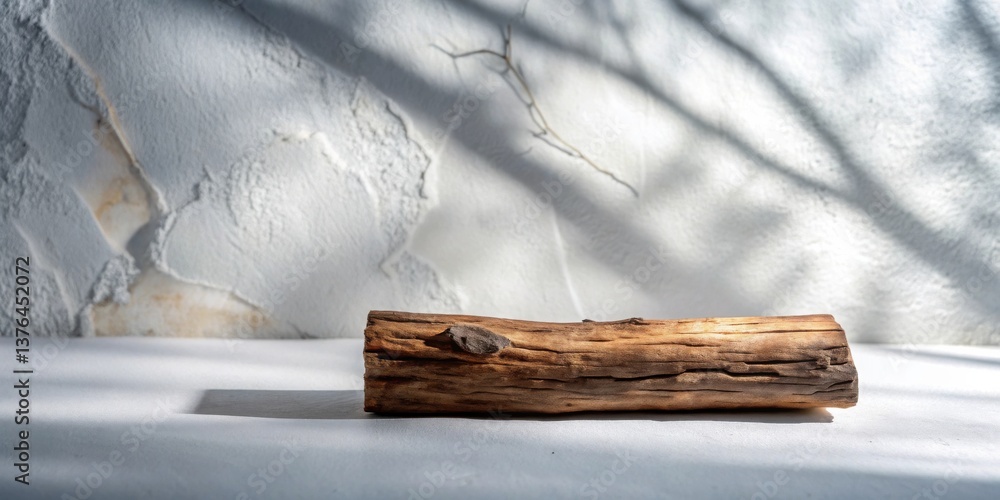 Poster rustic wooden log on a bright surface, bathed in dappled sunlight against a textured wall background