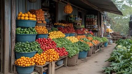 Obraz premium Vibrant fruits and vegetables displayed at an outdoor market stall.