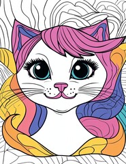 Whimsical Cat Illustration: A charming cat illustration bursts with vibrant colors, featuring a playful design with bold outlines. capturing the innocence and lightheartedness.