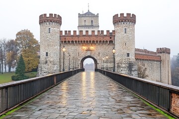 Obraz premium A dramatic view of St. Florian Gate at dusk, with streetlights casting a warm glow on the medieval walls
