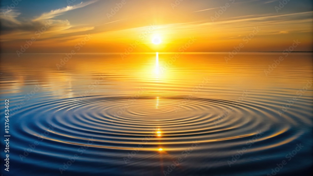 Poster Golden Sunset Reflection on Serene Water Surface Showing Concentric Ripples Created by a Single Droplet
