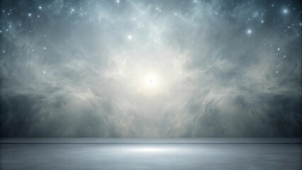 Fototapeta premium Empty Room with Celestial Wall Murals Featuring a Starry Night Sky and Glowing Central Light Source