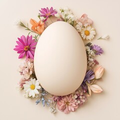 Elegant flower arrangement with a white egg in the middle. Easter celebration concept with copy space.