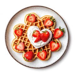heart-shaped waffles lie on a plate on top of strawberries with cream on a white background side view