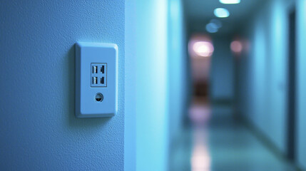 Electrical outlet on wall in hallway with soft lighting and blurred background